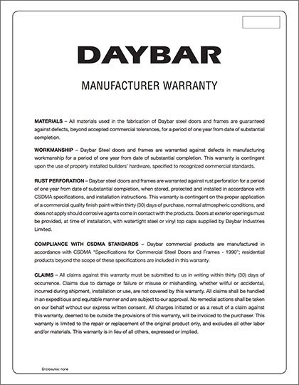 Daybar Manufacturer Warranty