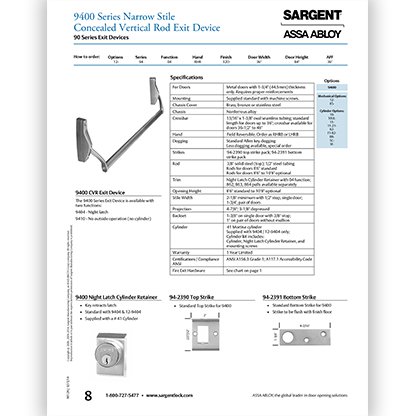 Sargent 9400 Series Narrow Stile Concealed Vertical Rod