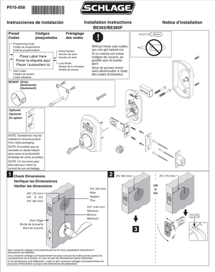 BE365 Keypad Deadbolt Installation Instructions