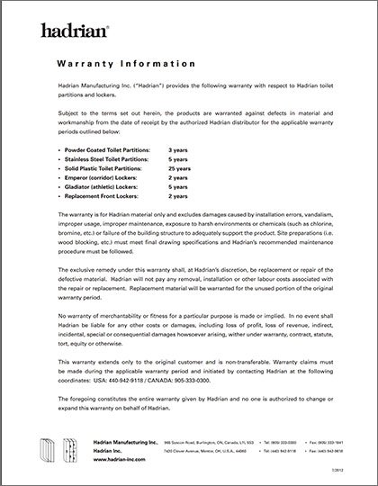 Hadrian Product Warranty