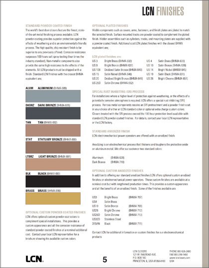 LCN Standard Finishes